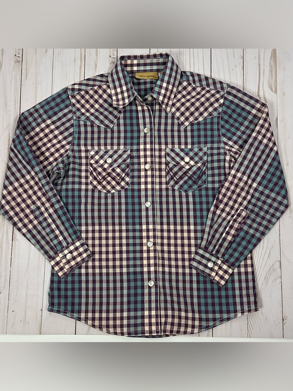 WRANGLER kid's western plaid pearl snap shirt - size small